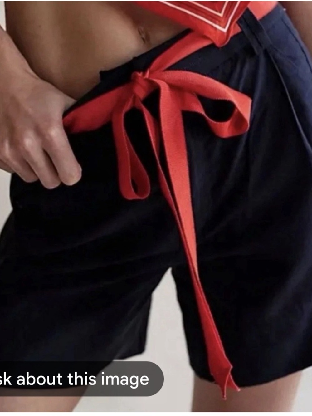 Free People Perfect Prep Pleated Trouser Navy Shorts with Red Waist Tie